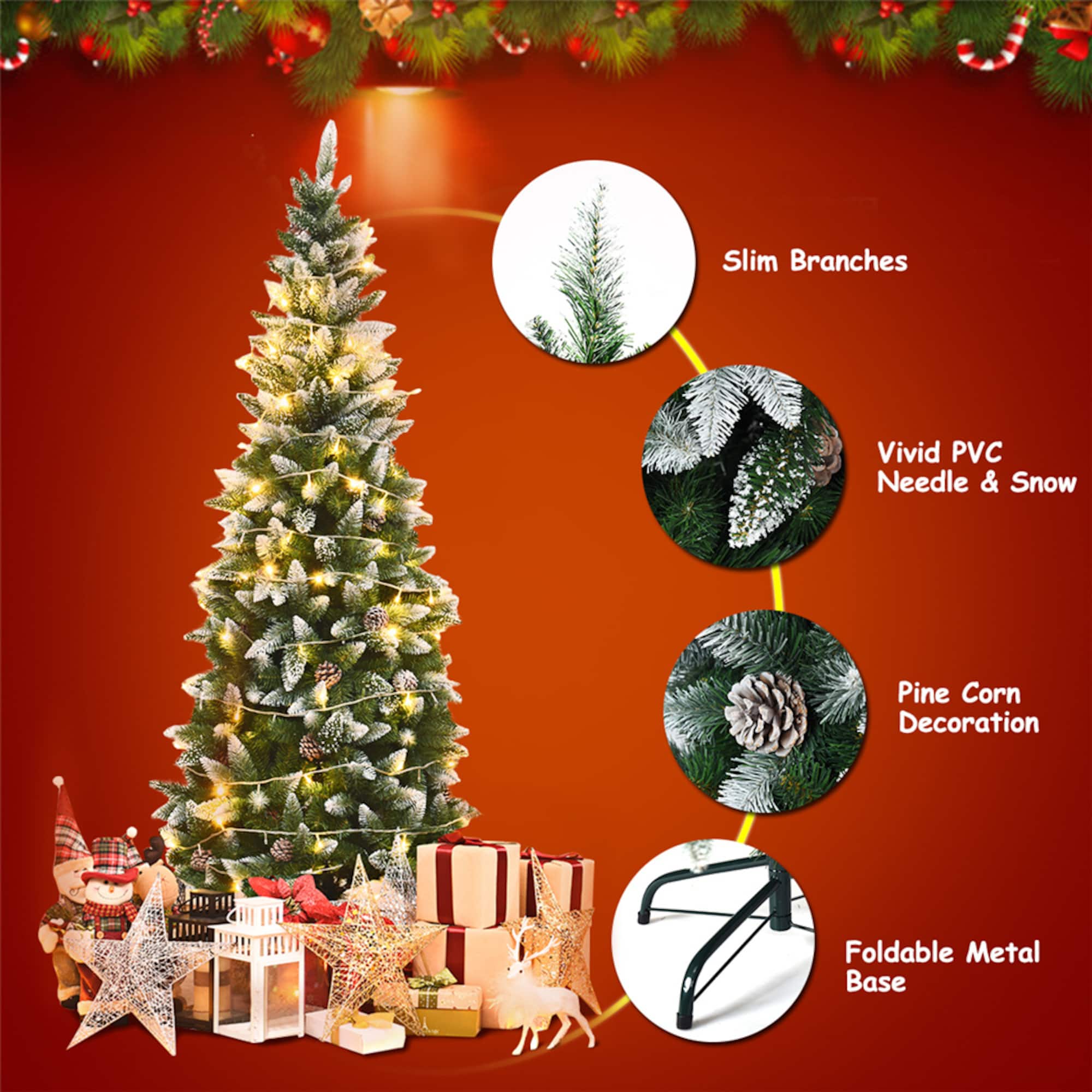 Costway 6ft. Unlit Snow Flocked Pencil Artificial Christmas Tree